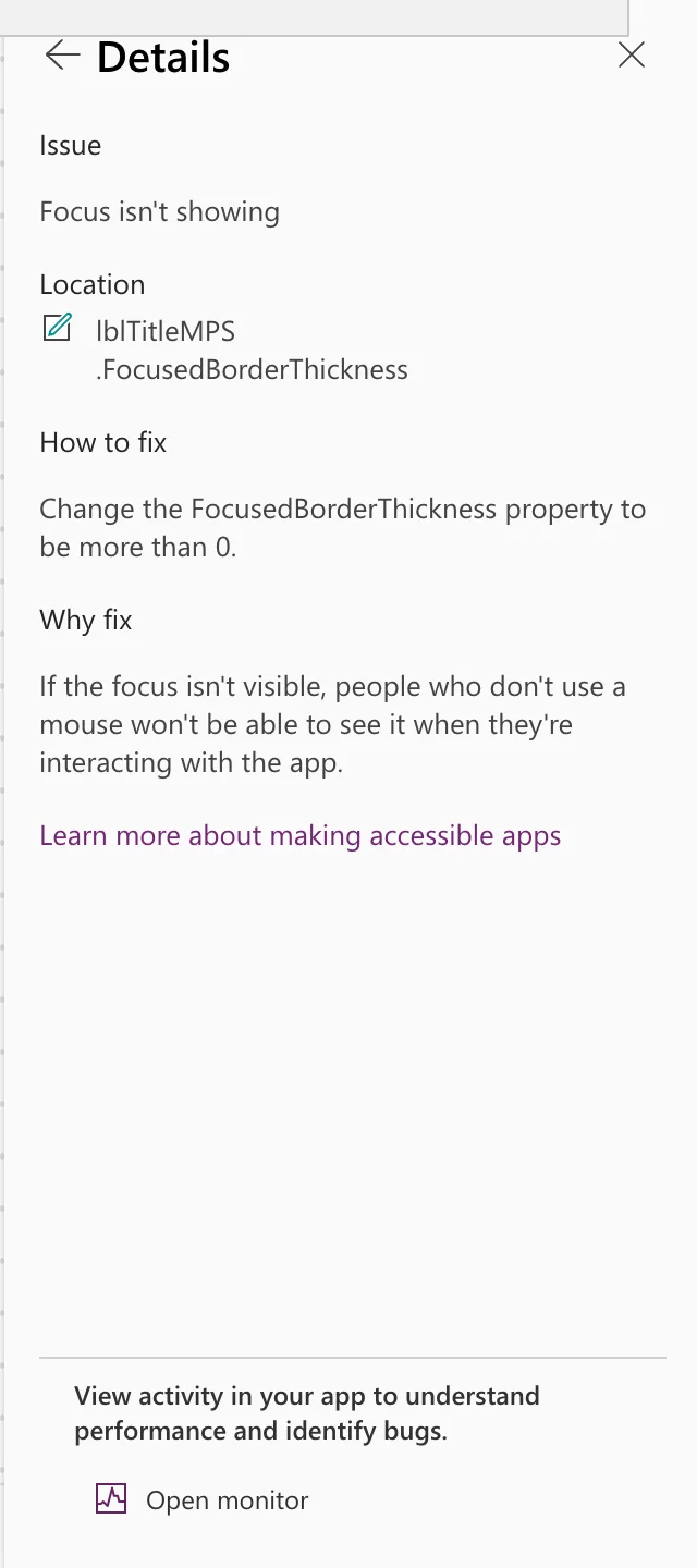 The Details pane: Issue Focus isn't showing, Location lblTitleMPS .FocusedBorderThickness, How to fix Change the FocusedBorderThickness property to be more than 0, and Why fix explaining that people who don't use a mouse won't see the focus