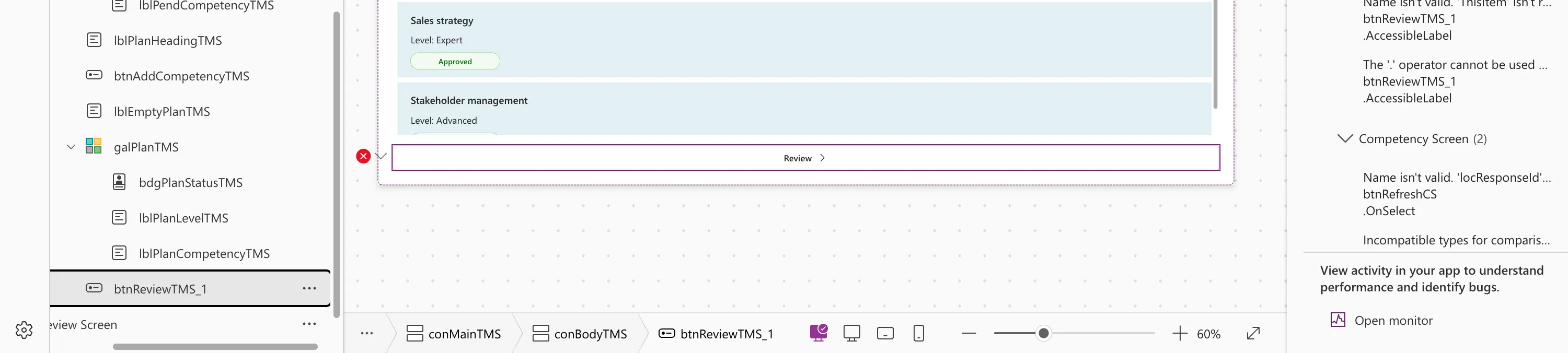 Tree view with btnReviewTMS_1 at the same level as galPlanTMS instead of under it, a wide Review button with a red error icon under the gallery on the canvas, and the App checker listing Name isn't valid. 'ThisItem' isn't... and The '.' operator cannot be used... on btnReviewTMS_1 .AccessibleLabel