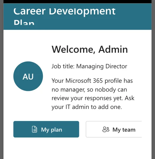 A 360-wide phone preview of the Home screen with the header title Career Development Plan wrapped and cut at the top and bottom, and the My team button cut off at the right edge