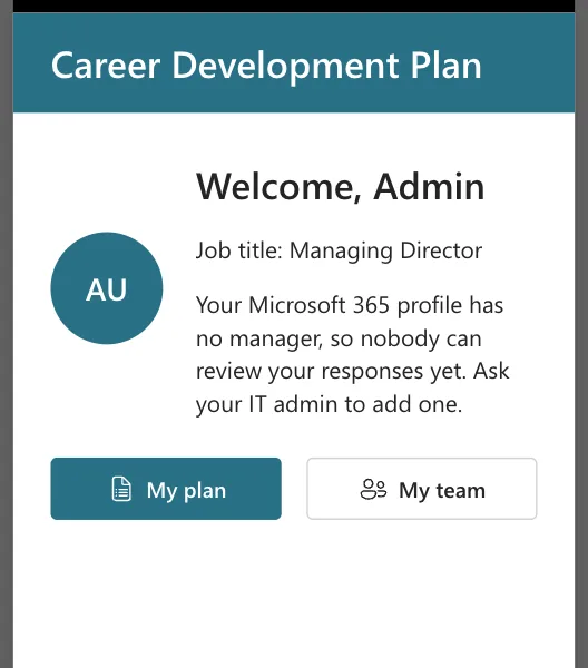 The same Home screen at 360 pixels after the fix, with Career Development Plan on one line in the header and the My plan and My team buttons side by side inside the screen