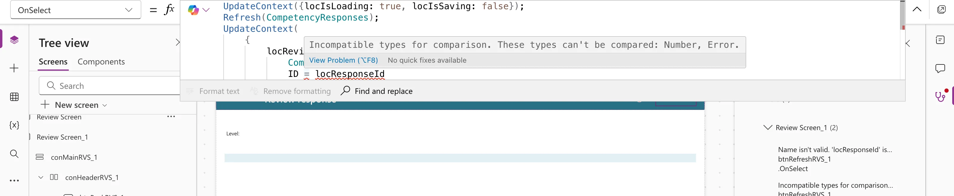 The expanded formula bar of the copied Refresh button with ID = locResponseId underlined in red and a hover box reading Incompatible types for comparison. These types can't be compared: Number, Error., with View Problem and No quick fixes available