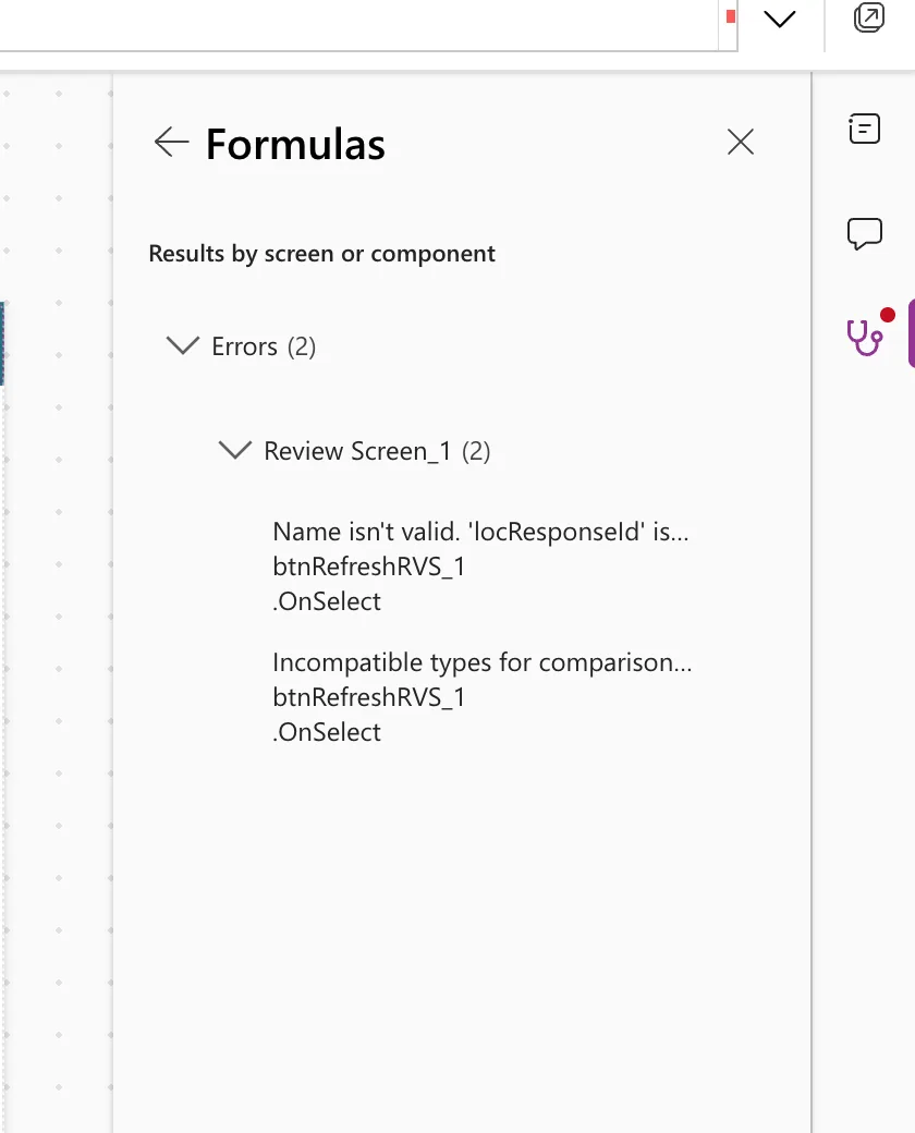 The App checker's Formulas pane with Errors (2) under Review Screen_1 (2): Name isn't valid. 'locResponseId' is... and Incompatible types for comparison..., both on btnRefreshRVS_1 .OnSelect