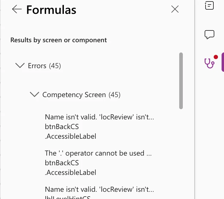 The App checker's Formulas pane with Errors (45) under Competency Screen (45), starting with Name isn't valid. 'locReview' isn't... and The '.' operator cannot be used... on btnBackCS .AccessibleLabel