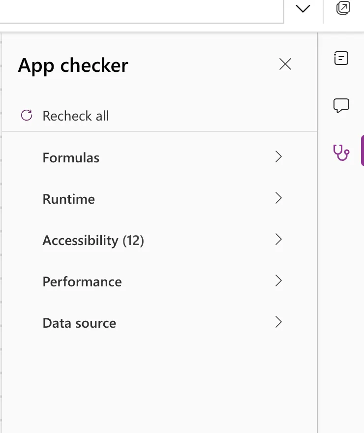 The App checker with Formulas, Runtime, Performance and Data source showing no count and Accessibility (12)