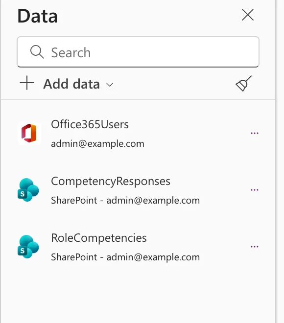 The Data pane listing Office365Users, CompetencyResponses and RoleCompetencies, each with its connection and a ... button, and no premium icon