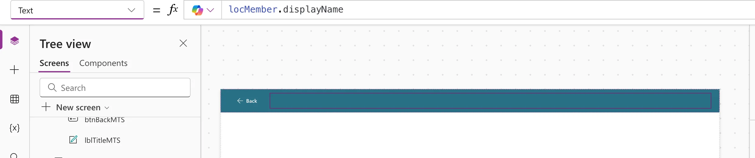 The formula bar with locMember.displayName and no underline, and the screen's header on the canvas without an error icon