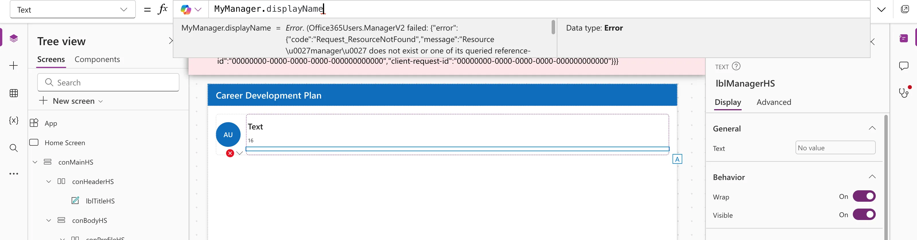 The formula bar with MyManager.displayName and the preview strip reading Error. (Office365Users.ManagerV2 failed: ...) with Data type Error