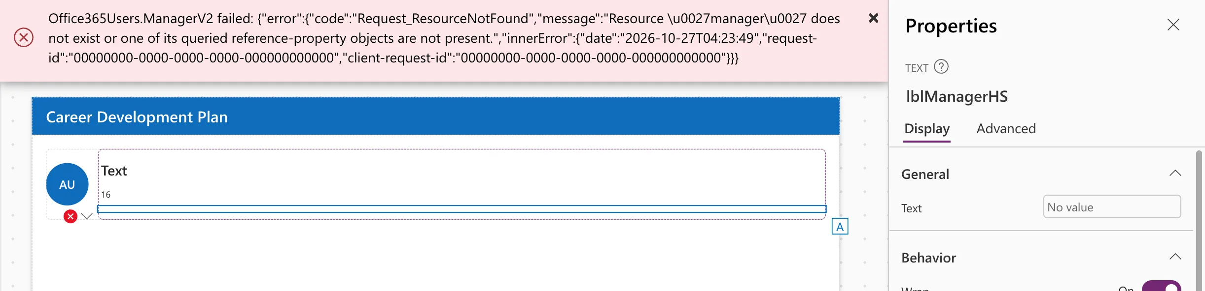 A red error banner across the canvas reading Office365Users.ManagerV2 failed with the JSON error code Request_ResourceNotFound and the message that the resource manager does not exist or one of its queried reference-property objects are not present, followed by an innerError with a date and request IDs, and a red error marker on the label below