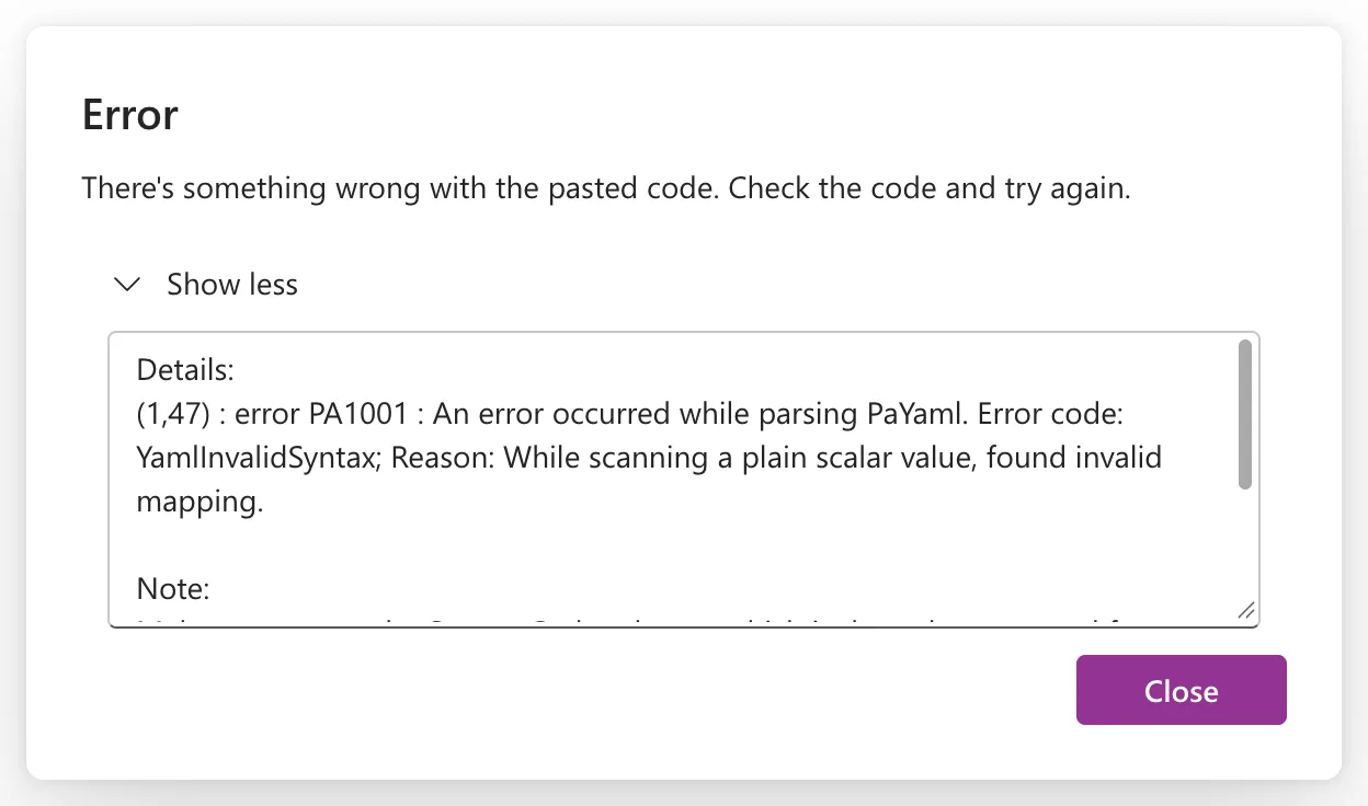 The same Error dialog expanded, with Show less and a Details box reading (1,47) : error PA1001 : An error occurred while parsing PaYaml. Error code: YamlInvalidSyntax; Reason: While scanning a plain scalar value, found invalid mapping., followed by a Note