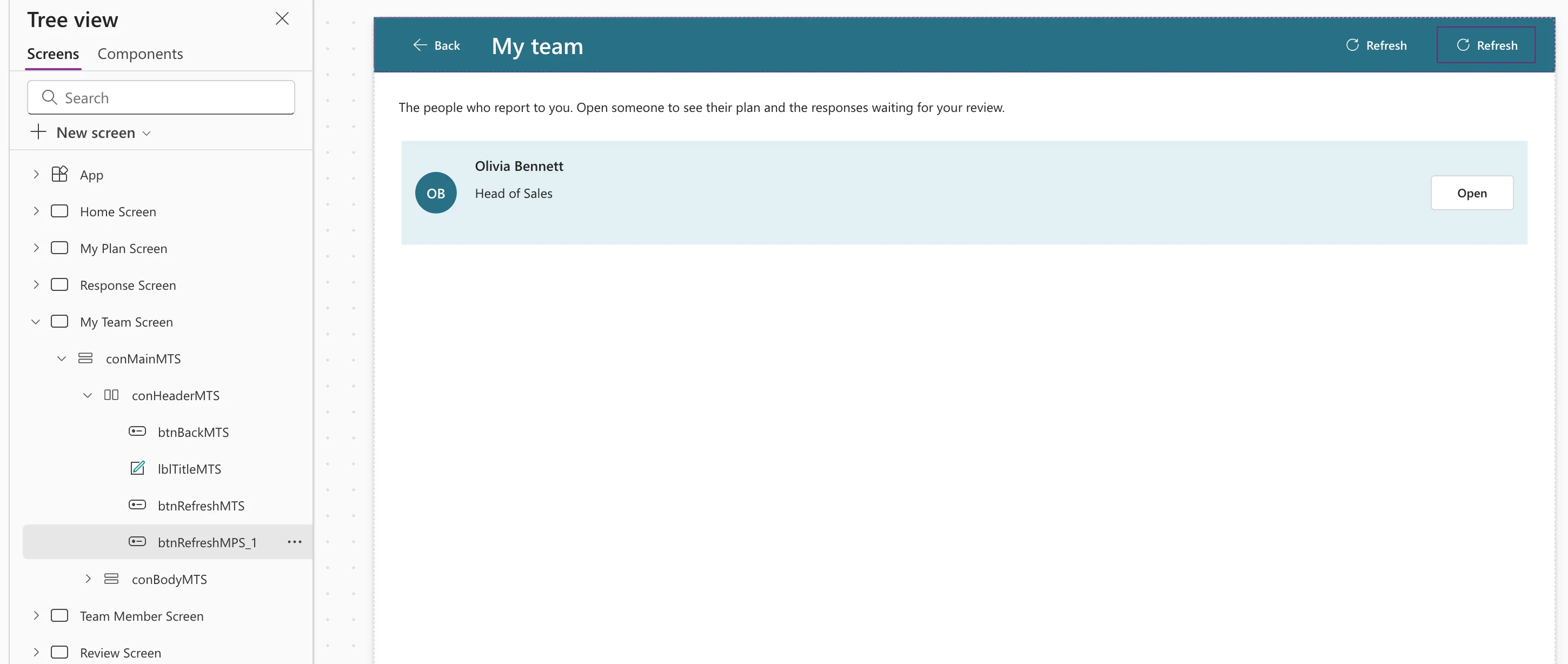 Tree view of the My Team screen with conHeaderMTS holding btnBackMTS, lblTitleMTS, btnRefreshMTS and the pasted btnRefreshMPS_1, and the canvas header showing two Refresh buttons