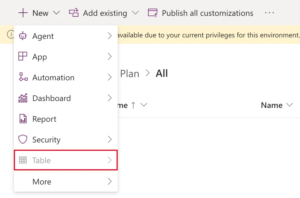 The solution's New menu with Agent, App, Automation, Dashboard, Report and Security available, and Table greyed out, outlined in red