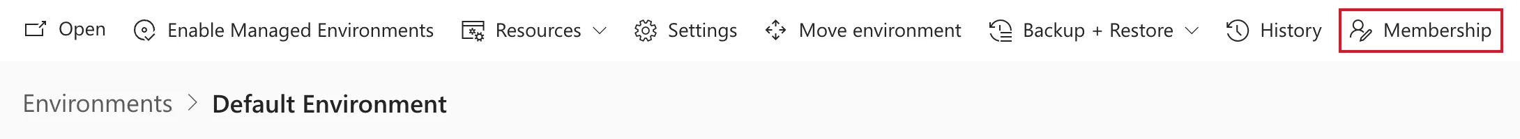 The environment's command bar in the Power Platform admin center with Membership outlined in red