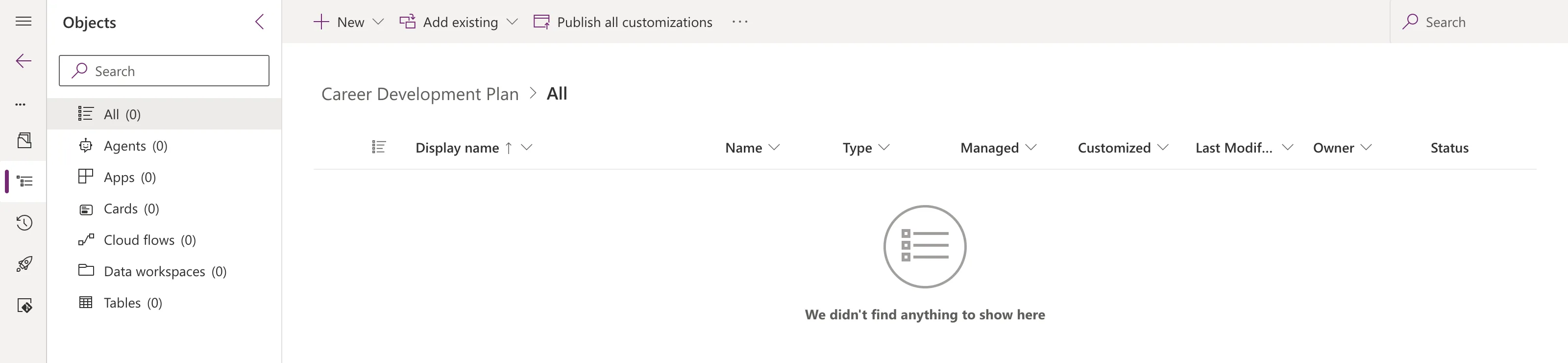 The same solution with the commands New, Add existing and Publish all customizations, and no yellow warning bar