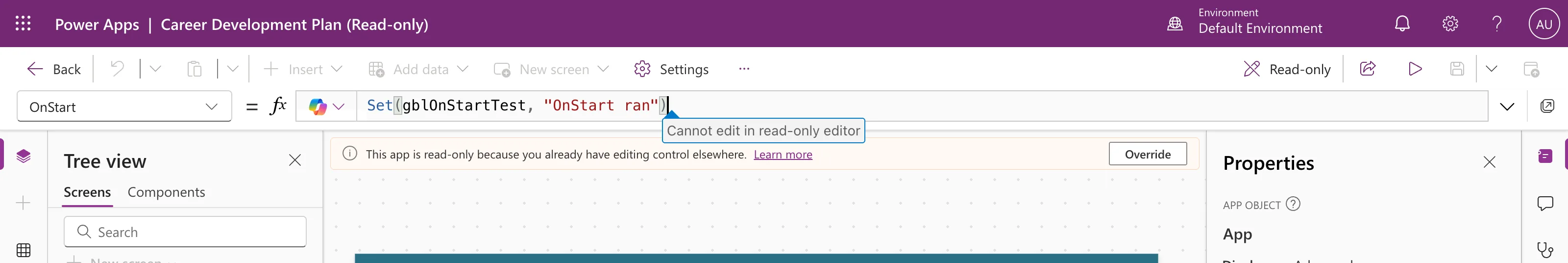 Power Apps Studio with the title Career Development Plan (Read-only), Insert, Add data and New screen greyed out, Read-only on the right of the command bar, the formula bar with a Cannot edit in read-only editor tooltip, and a banner reading This app is read-only because you already have editing control elsewhere, with a Learn more link and an Override button