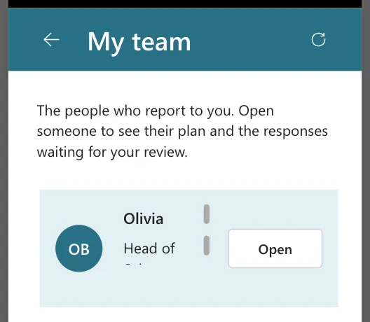 A 360-wide phone preview of My team with the row showing Olivia and Head of cut off beside a wide Open button