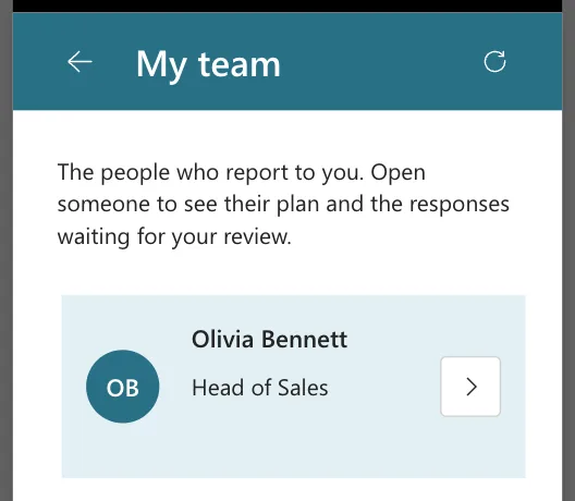 The My team row at 360 pixels with Olivia Bennett and Head of Sales in full and a small chevron button