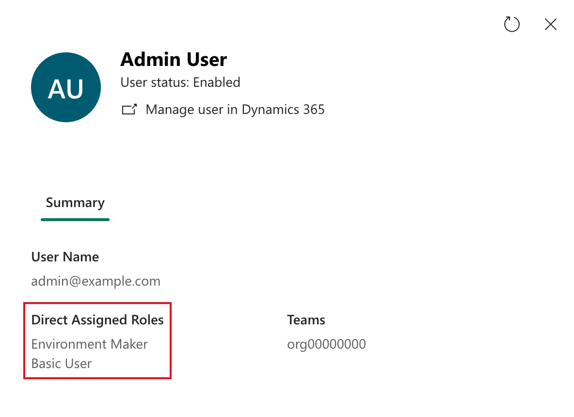 The user details panel showing Direct Assigned Roles Environment Maker and Basic User, outlined in red