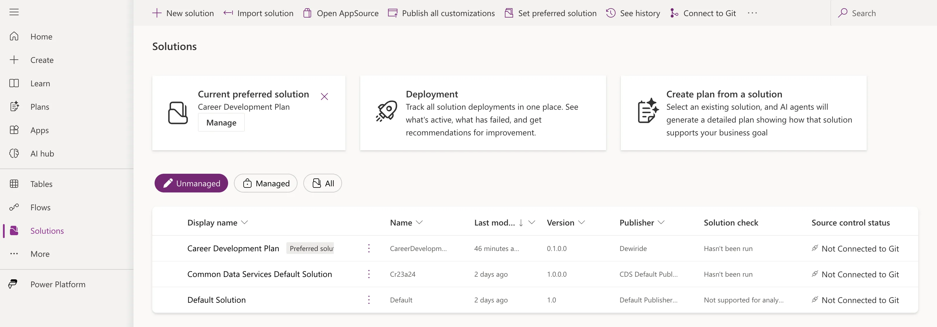 The Solutions page loading normally, with Current preferred solution showing Career Development Plan, and the list of unmanaged solutions with their names, versions and publishers