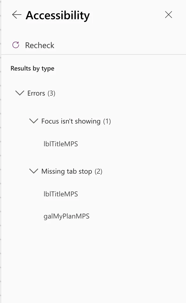 The Accessibility page of the App checker with Errors (3): Focus isn't showing (1) on lblTitleMPS, and Missing tab stop (2) on lblTitleMPS and galMyPlanMPS