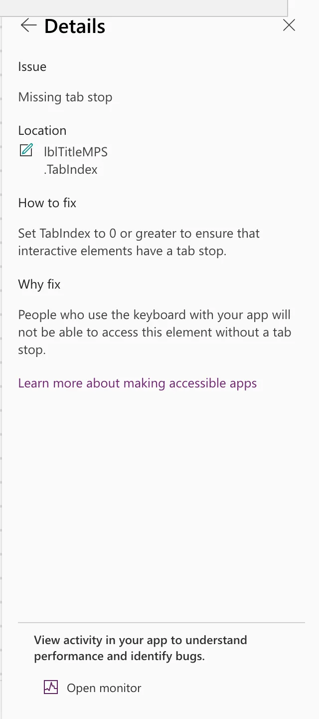 The Details pane: Issue Missing tab stop, Location lblTitleMPS .TabIndex, with the same How to fix and Why fix