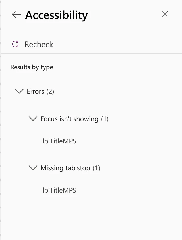 The Accessibility page with Errors (2): Focus isn't showing (1) on lblTitleMPS and Missing tab stop (1) on lblTitleMPS