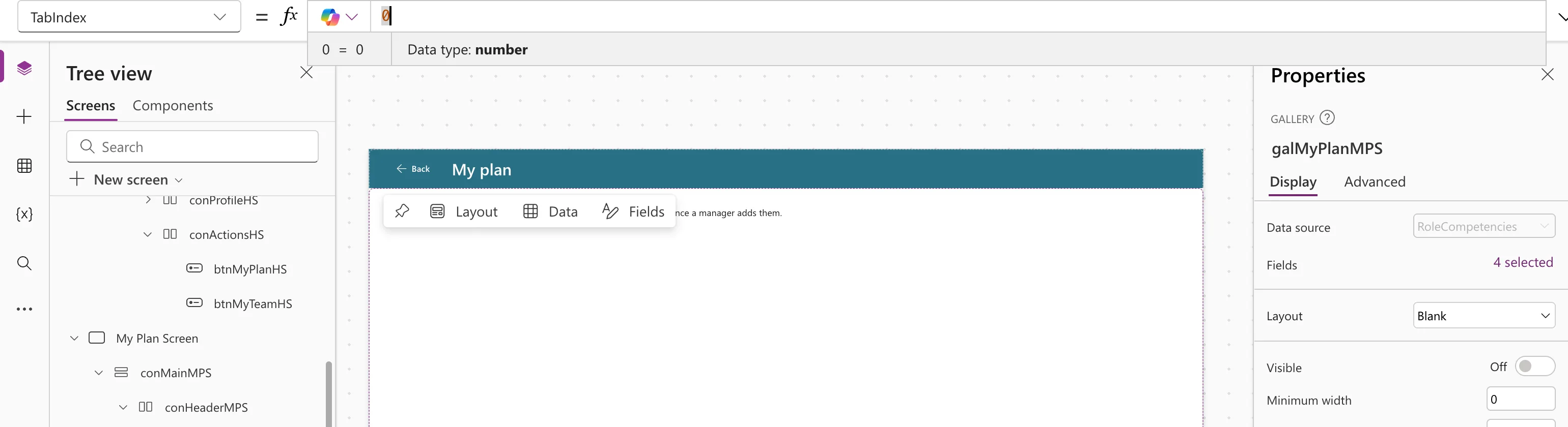 The formula bar with the TabIndex property of galMyPlanMPS set to 0, and the preview strip reading 0 with Data type number