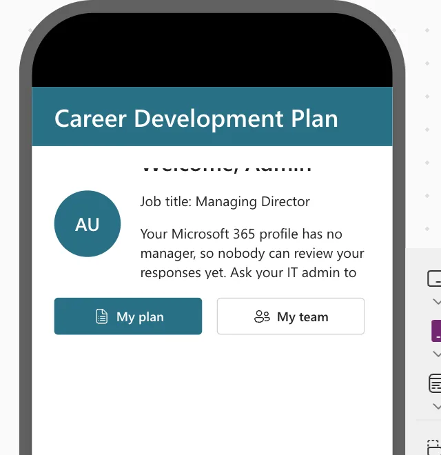 The Home screen in a phone frame: the welcome line half hidden at the top of the profile area, and the manager message cut off after the words Ask your IT admin to