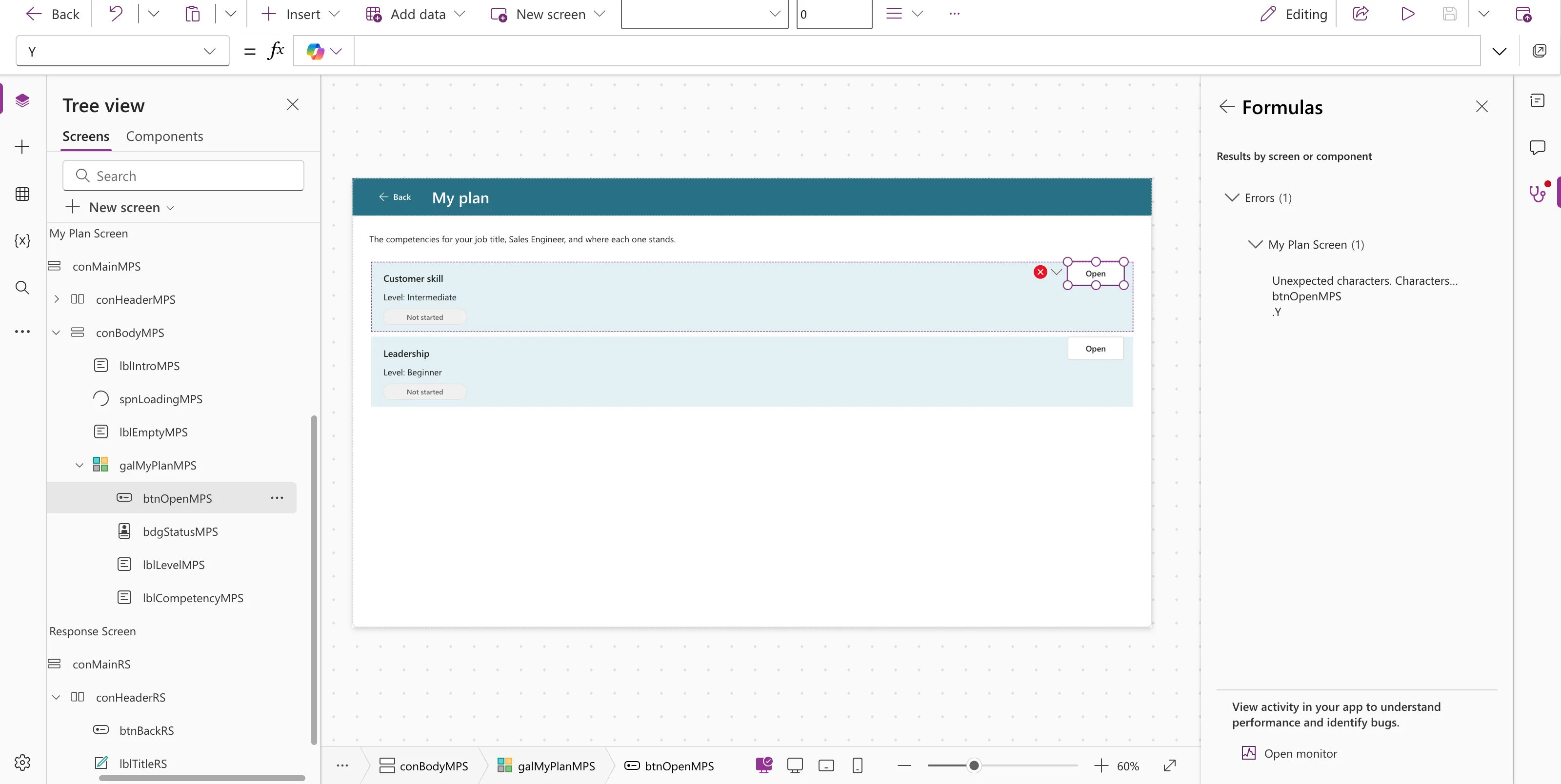 The App checker's Formulas page: Errors (1), My Plan Screen (1), Unexpected characters. Characters... on btnOpenMPS .Y, next to the canvas with the error icon on the Open button