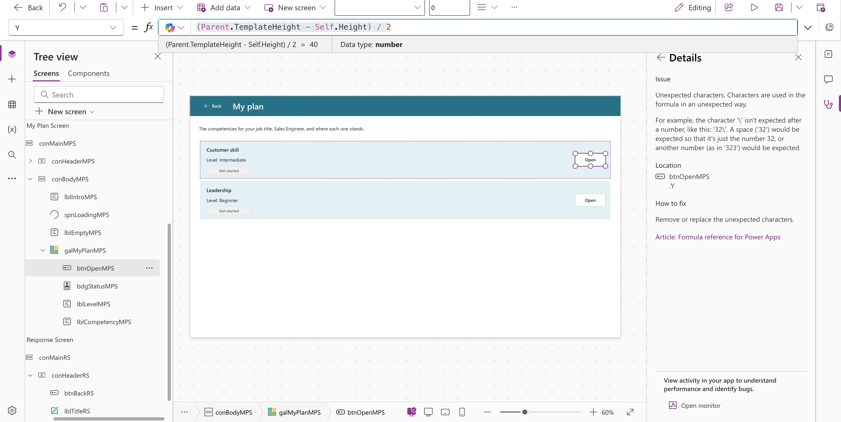 The formula bar with (Parent.TemplateHeight - Self.Height) / 2 and the preview strip reading = 40 with Data type number, and the Open buttons centered in both rows without an error icon