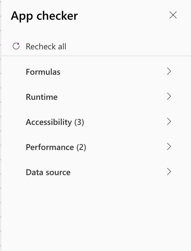 The App checker with Recheck all and the categories Formulas, Runtime, Accessibility (3), Performance (2) and Data source with no count