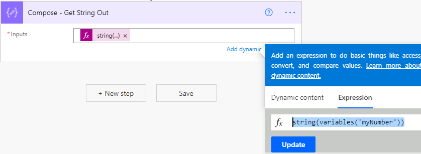 Second Compose action in Power Automate using the expression string(variables('myNumber')) to convert the integer to a string