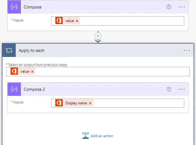 A Compose action with the value token as its input, followed by an Apply to each action iterating over value that contains a Compose 2 action with Display name as its input