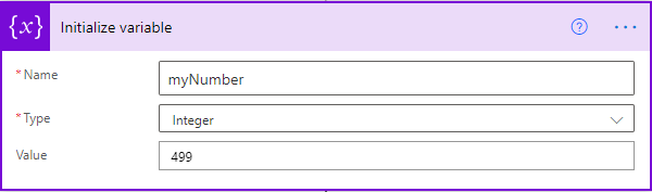 Initialize variable action in Power Automate with the name myNumber, type Integer, and a numeric value