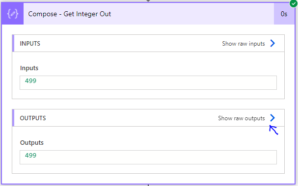 Power Automate run history showing the Compose action expanded with the Show raw outputs link
