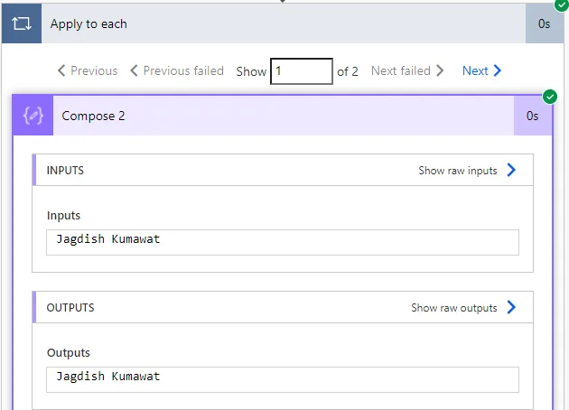 Run history for the first Apply to each iteration, 1 of 2, where Compose 2 shows Jagdish Kumawat as its inputs and outputs