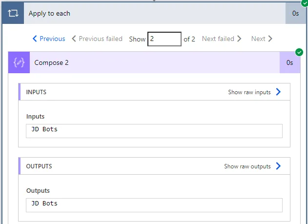 Run history for the second Apply to each iteration, 2 of 2, where Compose 2 shows JD Bots as its inputs and outputs