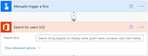 Manually trigger a flow trigger followed by the Search for users (V2) action, whose Search term placeholder reads "Search string (applies to: display name, given name, surname, mail, mail nickname and user principal name)"