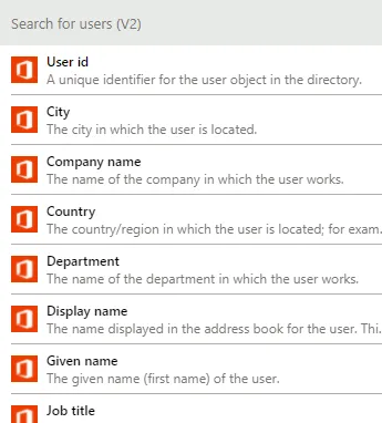Dynamic content list for Search for users (V2) showing User id, City, Company name, Country, Department, Display name, Given name and Job title with their descriptions