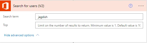 Search for users (V2) action with the Search term set to jagdish and the advanced Top parameter revealed, whose placeholder reads "Limit on the number of results to return. Minimum value is 1. Default value is 1000"