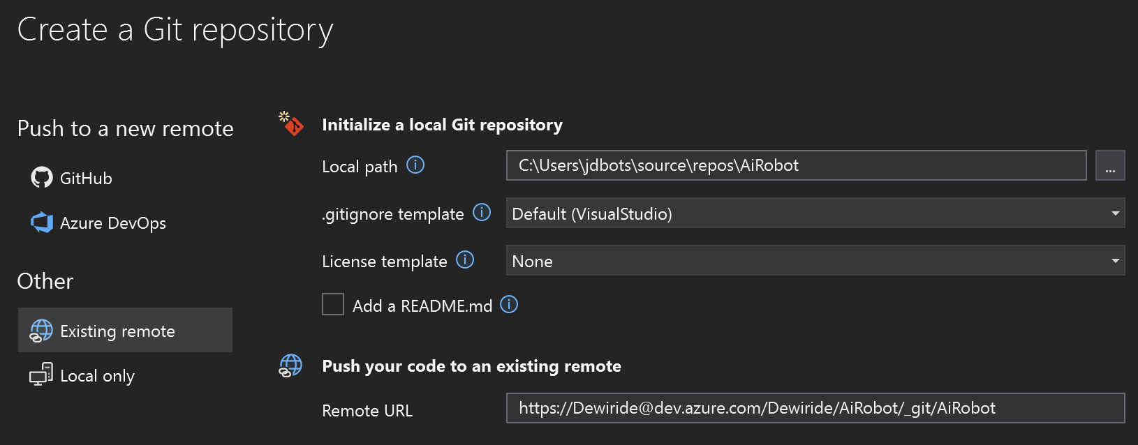 Visual Studio Create and Push