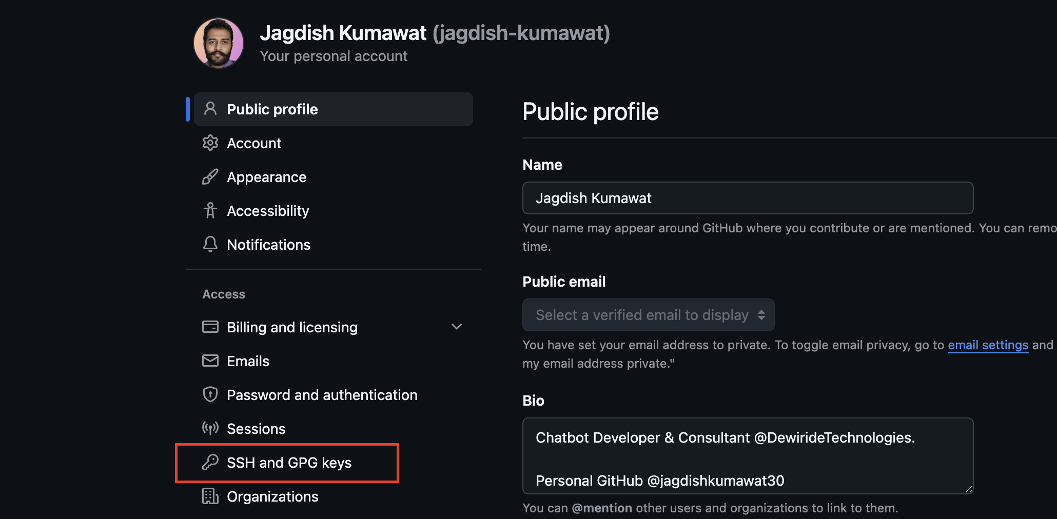 GitHub Settings - Navigate to SSH Keys