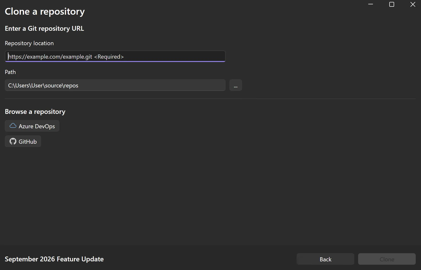 Empty Clone a repository window showing the https://example.com/example.git placeholder in Repository location, the default source\repos folder in Path, Azure DevOps and GitHub buttons under Browse a repository, and a greyed-out Clone button