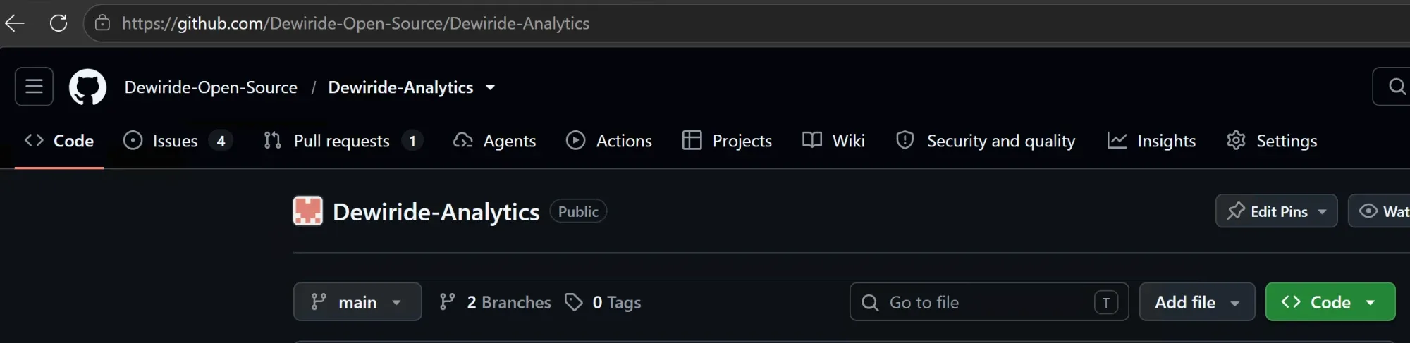 GitHub page of the public Dewiride-Open-Source/Dewiride-Analytics repository with the green Code button at the right end of the branch bar