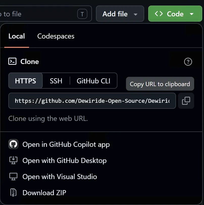 GitHub Code menu on the Local tab with HTTPS selected, the repository's https clone URL in the box, and the Copy URL to clipboard tooltip above the copy button