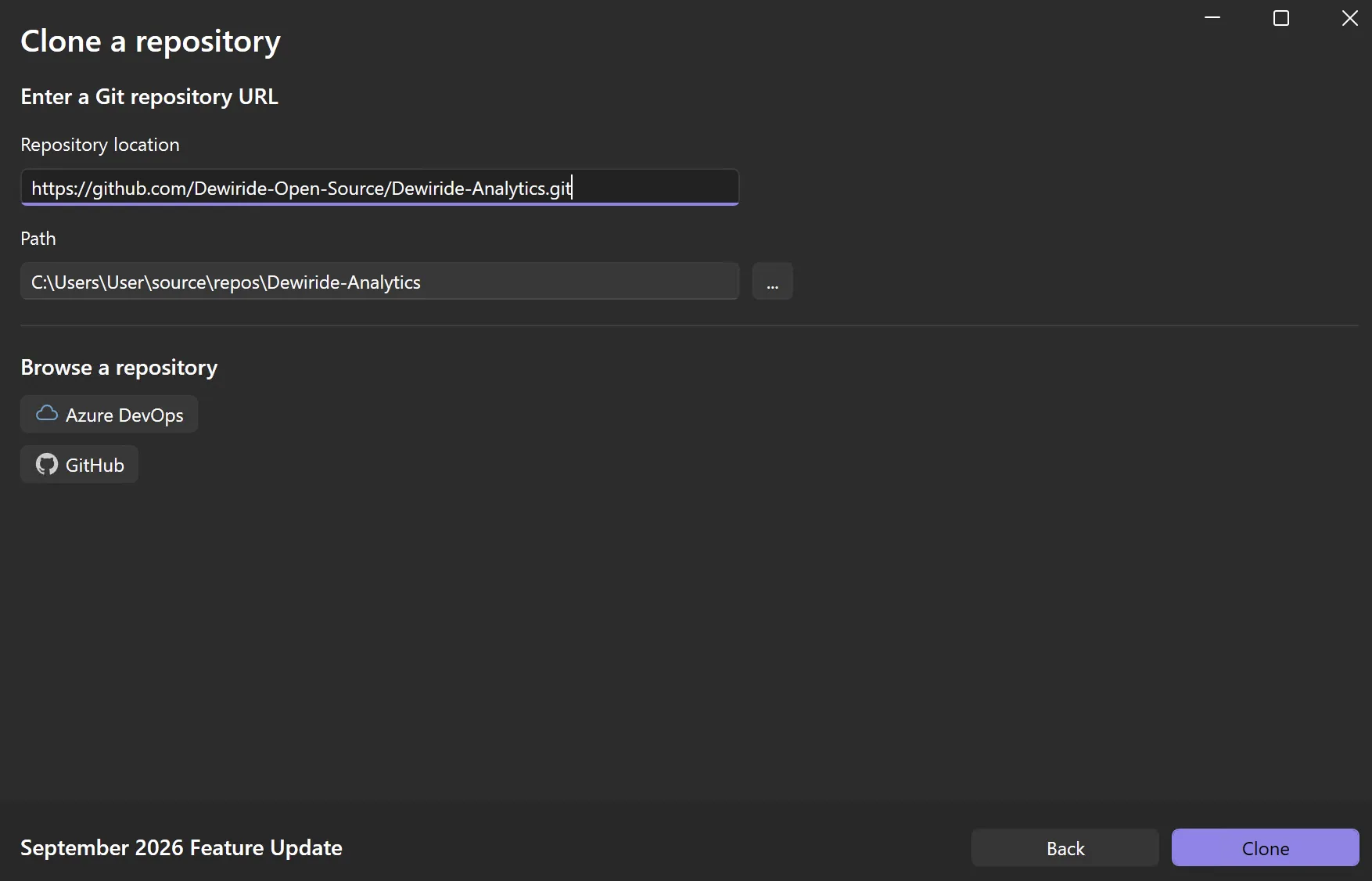 Clone a repository window with the Dewiride-Analytics GitHub URL pasted into Repository location, the Path set to source\repos\Dewiride-Analytics, and the Clone button enabled