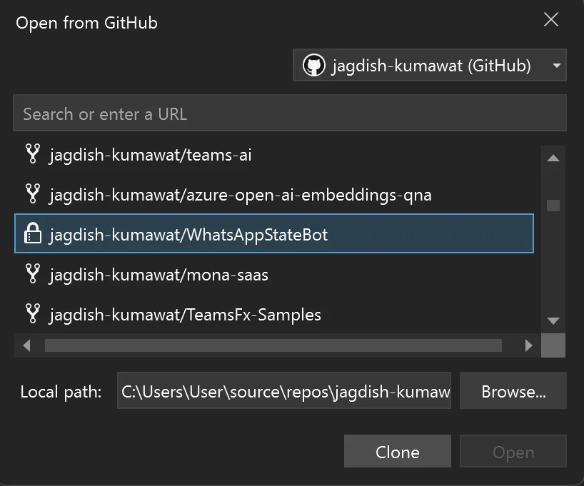 Open from GitHub window with a GitHub account chosen in the top-right drop-down, the private repository WhatsAppStateBot highlighted in the list, the suggested Local path under source\repos, and the Clone and Browse buttons
