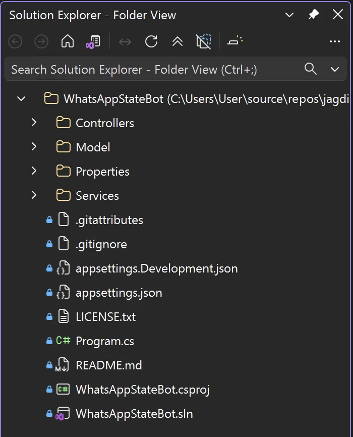 Solution Explorer in Folder View showing the cloned WhatsAppStateBot folder with Controllers, Model, Properties and Services folders and files such as Program.cs, WhatsAppStateBot.csproj and WhatsAppStateBot.sln, each marked with a padlock icon