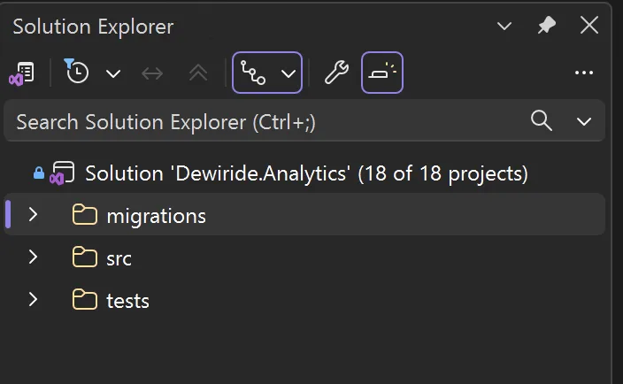Solution Explorer in Solution View showing Solution Dewiride.Analytics with 18 of 18 projects loaded, grouped into migrations, src and tests solution folders