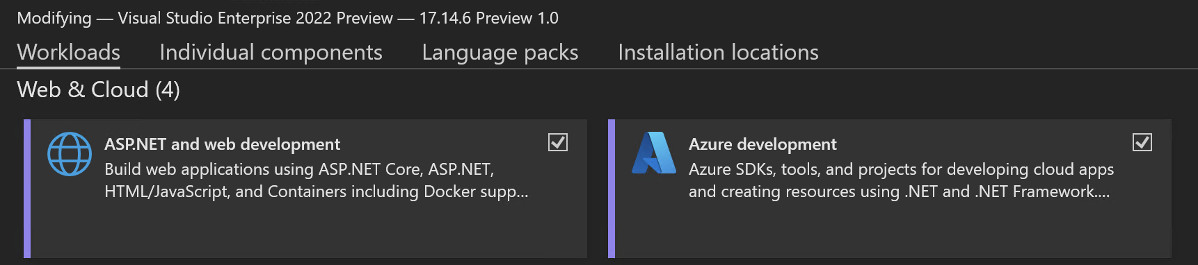 Workload options for Visual Studio