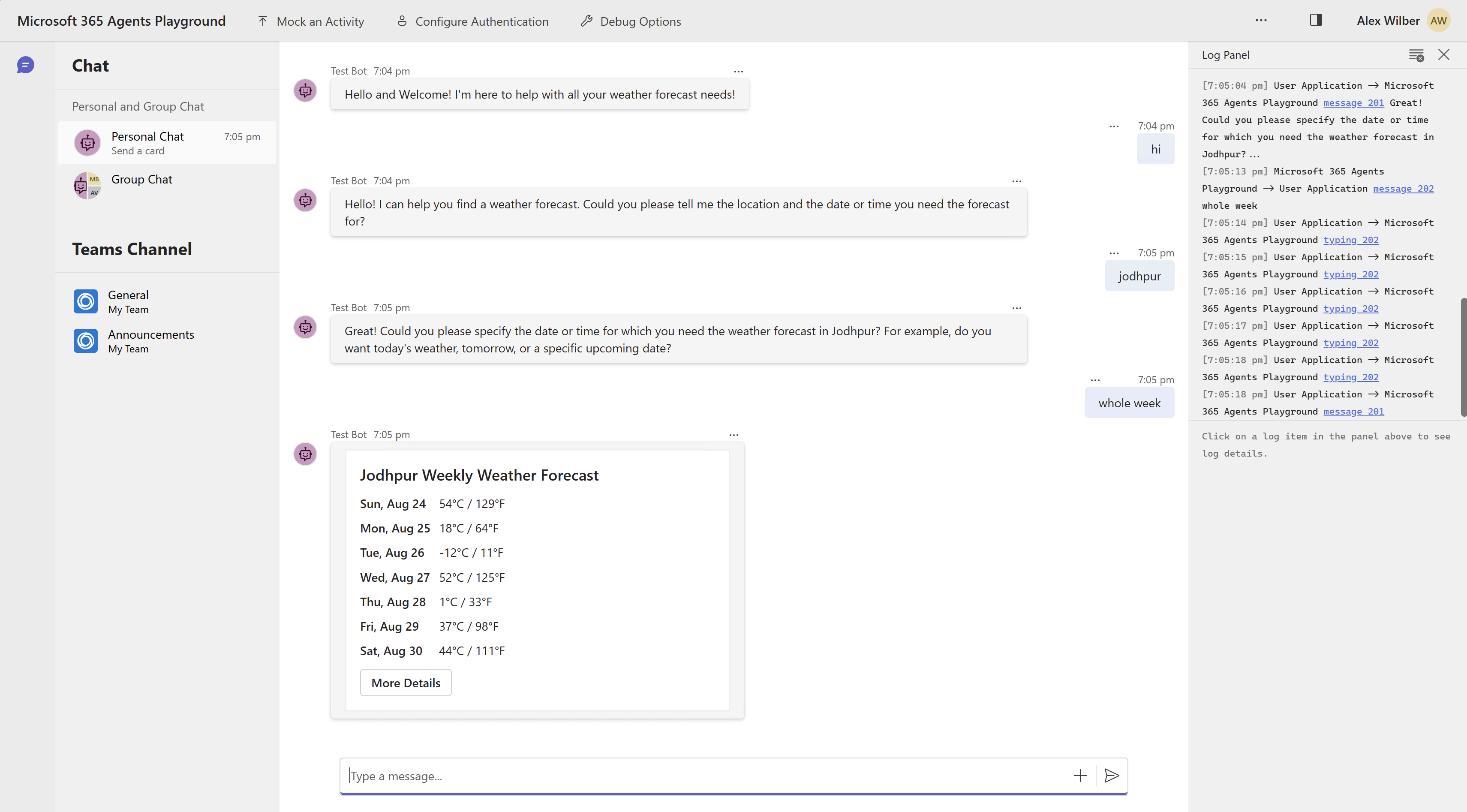 Test Weather Forecast Agent Bot on Microsoft 365 Agents Playground